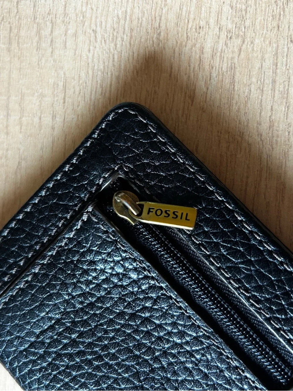 Fossil Black and Gray Leather Bifold Wallet we Brass Hardware